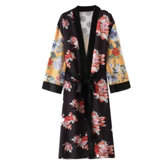 Bohemian-Floral-Print-Kimono-Robe-Black-Front