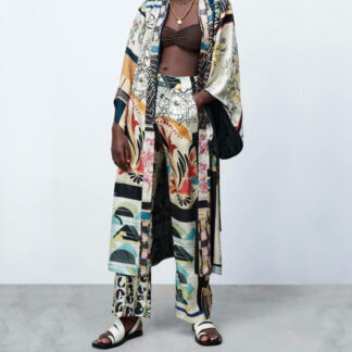 Belted Patchwork Kimono Set - Black