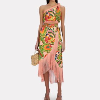 Tropical Print 2pc Bikini with Fringe Skirt