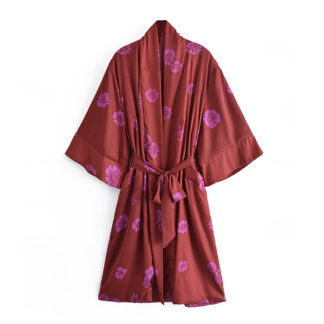 Flower Print Kimono Robe - Cranberry